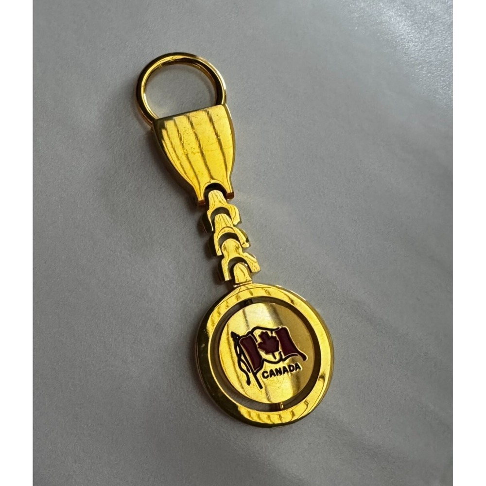Canada Gold Tone Keychain Key Ring Spinning Flag Souvenir